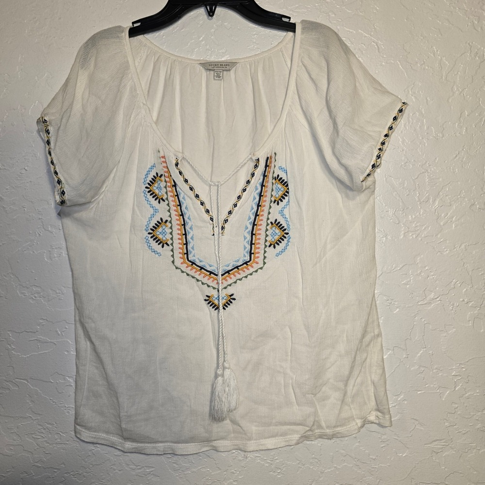 Lucky Brand White Embroidered Tassel Boho Tunic Top XS TP